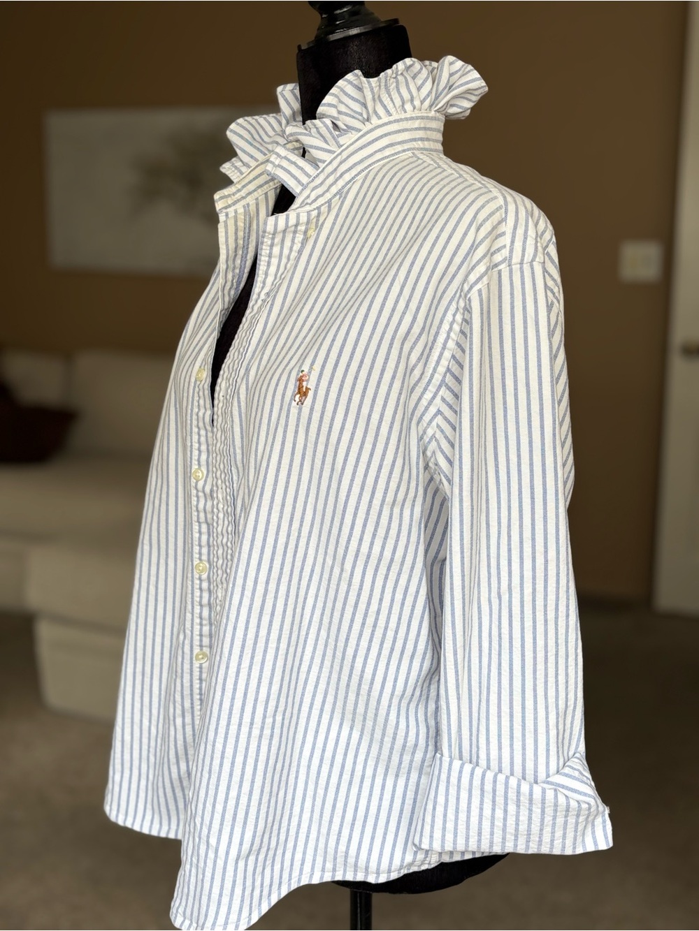 Reworked Ralph Lauren Blue Stripe Ruffle Collar Button-Up Top - Picture 6 of 15